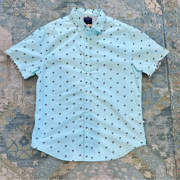 Denim & Flower Ricky Singh Mens Palm Tree Teal Collared Shirt Sz L slim fit NWOT - Picture 2 of 11